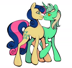 Size: 1440x1364 | Tagged: safe, artist:broniesforponies, bon bon, lyra heartstrings, sweetie drops, earth pony, pony, unicorn, g4, duo, duo female, female, horn, lesbian, looking at each other, looking at someone, mare, ship:lyrabon, shipping, simple background, smiling, white background