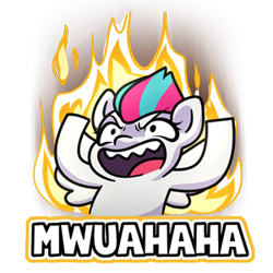 Size: 300x300 | Tagged: safe, artist:makaryo, part of a set, zipp storm, pegasus, pony, g5, bust, commission, commissioner:maitreyi ramakrishnan, emote, evil laugh, fire, laughing, no neck, open mouth, sharp teeth, simple background, solo, teeth, text, transparent background, volumetric mouth