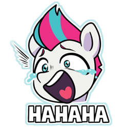 Size: 300x300 | Tagged: safe, artist:makaryo, part of a set, zipp storm, pegasus, pony, g5, bust, commission, commissioner:maitreyi ramakrishnan, crying, emote, female, laughing, mare, open mouth, open smile, outline, simple background, smiling, solo, tears of laughter, text, transparent background