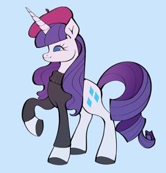 Size: 938x978 | Tagged: safe, artist:broniesforponies, rarity, pony, unicorn, g4, beatnik rarity, beret, blue background, clothes, female, hat, horn, mare, raised hoof, simple background, solo, sweater