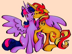 Size: 1440x1086 | Tagged: safe, artist:broniesforponies, sunset shimmer, twilight sparkle, alicorn, pony, unicorn, g4, female, horn, lesbian, mare, ship:sunsetsparkle, shipping, simple background, smooch, twilight sparkle (alicorn), yellow background