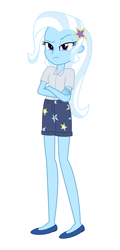 Size: 2500x5200 | Tagged: safe, alternate version, artist:moogood, part of a set, trixie, human, equestria girls, g4, ballet flats, clothes, crossed arms, dissatisfied, female, frown, hairclip, high res, looking at you, outfit, png, shirt, shoes, shorts, simple background, solo, standing, trixie is not amused, unamused, vector, white background