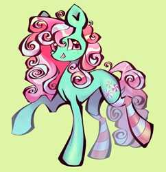 Size: 1440x1485 | Tagged: safe, artist:broniesforponies, minty, earth pony, pony, g3, curly mane, curly tail, female, full body, green background, mare, pink mane, raised hoof, simple background, solo, tail, teal coat