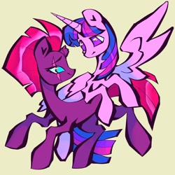 Size: 1440x1440 | Tagged: safe, artist:broniesforponies, tempest shadow, twilight sparkle, alicorn, pony, unicorn, g4, duo, duo female, female, horn, lesbian, mare, pink background, ship:tempestlight, shipping, simple background, tan background, twilight sparkle (alicorn)