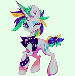 Size: 1440x1470 | Tagged: safe, artist:broniesforponies, rarity, pony, unicorn, g4, alternate hairstyle, green background, horn, one eye closed, punk, raripunk, simple background, smiling, solo, wink