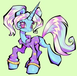 Size: 1440x1432 | Tagged: safe, artist:broniesforponies, gameloft, trixie, pony, unicorn, g4, my little pony: magic princess, alternate hairstyle, babysitter trixie, clothes, female, green background, hoodie, horn, mare, pigtails, simple background, smiling, solo, twintails