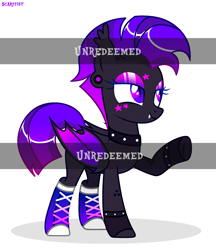 Size: 2300x2666 | Tagged: safe, artist:scarffist, oc, oc only, bat pony, pony, base used, bat ears, bat eyes, bat pony oc, bat wings, bracelet, clothes, collar, colored wings, converse, cute, dark skin, ear piercing, eyeshadow, gradient wings, hairstyle, happy, jewelry, long hair, long mane, makeup, mohawk, piercing, punk, purple eyes, purple hair, purple mane, retrowave, shoes, short tail, simple background, smiling, solo, stars, tail, watermark, white background, wings