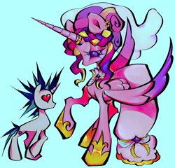 Size: 1440x1381 | Tagged: safe, artist:broniesforponies, princess cadance, shining armor, alicorn, unicorn, g4, blue background, female, horn, male, meme, ship:shiningcadance, shipping, simple background, straight, the bride and the ugly ass groom