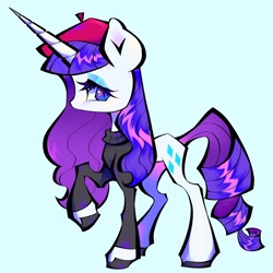 Size: 2048x2048 | Tagged: safe, artist:broniesforponies, rarity, pony, unicorn, g4, beatnik rarity, beret, clothes, female, full body, hat, horn, mare, raised hoof, solo, sweater