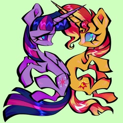 Size: 1986x1986 | Tagged: safe, artist:broniesforponies, sunset shimmer, twilight sparkle, alicorn, pony, unicorn, g4, duo, duo female, female, green background, horn, lesbian, mare, ship:sunsetsparkle, shipping, simple background, twilight sparkle (alicorn)