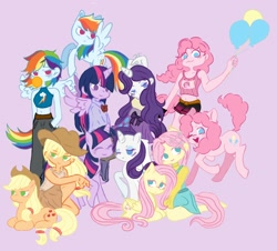 Size: 2192x1980 | Tagged: safe, artist:ngni562796, applejack, fluttershy, pinkie pie, rainbow dash, rarity, twilight sparkle, alicorn, human, pony, g4, female, horn, horned humanization, human female, human ponidox, humanized, mane six, purple background, self paradox, self ponidox, simple background, twilight sparkle (alicorn), winged humanization, wings