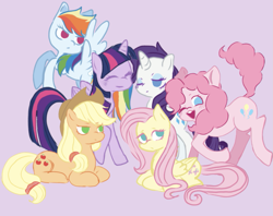 Size: 963x763 | Tagged: safe, artist:ngni562796, applejack, fluttershy, pinkie pie, rainbow dash, rarity, twilight sparkle, alicorn, g4, mane six, purple background, simple background, twilight sparkle (alicorn)