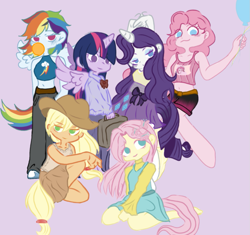 Size: 1041x978 | Tagged: safe, artist:ngni562796, applejack, fluttershy, pinkie pie, rainbow dash, rarity, twilight sparkle, alicorn, human, g4, female, horn, horned humanization, human female, humanized, mane six, pony coloring, purple background, simple background, twilight sparkle (alicorn), winged humanization, wings