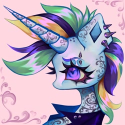 Size: 2048x2048 | Tagged: safe, artist:broniesforponies, rarity, pony, unicorn, g4, alternate hairstyle, bust, horn, pink background, portrait, punk, raripunk, simple background, solo