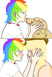 Size: 610x895 | Tagged: safe, artist:mint🌿, artist:xinjinjumin186758793974, applejack, rainbow dash, dog, human, g4, duo, duo female, female, human female, humanized, lesbian, ship:appledash, shipping, simple background, white background