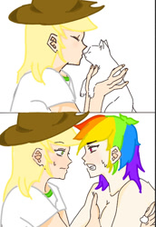 Size: 568x825 | Tagged: safe, artist:mint🌿, artist:xinjinjumin186758793974, applejack, rainbow dash, cat, human, g4, duo, duo female, female, human female, humanized, lesbian, ship:appledash, shipping, simple background, white background