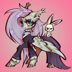 Size: 2048x2048 | Tagged: safe, artist:broniesforponies, angel bunny, fluttershy, pegasus, pony, rabbit, g4, animal, clothes, ear piercing, fluttergoth, gradient background, piercing, smiling