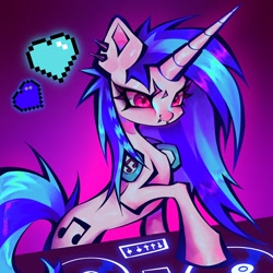 Size: 2048x2048 | Tagged: safe, artist:broniesforponies, dj pon-3, vinyl scratch, pony, g4, coontails, dj booth, dyed mane, female, mare, pixel heart, smiling, solo