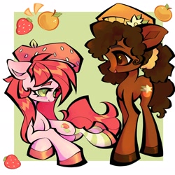 Size: 2048x2048 | Tagged: safe, artist:broniesforponies, earth pony, pony, afro hair, afro mane, afro tail, brown coat, brown eyes, brown fur, brown hooves, curly hair, curly mane, curly tail, duo, duo female, female, food, lying down, mare, orange, orange blossom (strawberry shortcake), pigtails, ponified, prone, strawberry, strawberry shortcake, strawberry shortcake (character), tail, twintails, two toned background