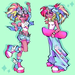 Size: 2048x2048 | Tagged: safe, artist:broniesforponies, rainbow dash, human, g4, bare shoulders, bishoujo, clothes, converse, denim, green background, humanized, jeans, pants, shoes, simple background, skateboard, sleeveless, standing, tan skin