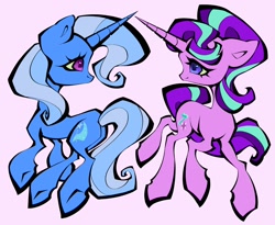 Size: 2048x1680 | Tagged: safe, artist:broniesforponies, starlight glimmer, trixie, pony, unicorn, g4, duo, duo female, female, horn, lesbian, mare, pink background, ship:startrix, shipping, simple background