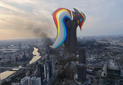 Size: 4096x2816 | Tagged: safe, artist:darky_wings, oc, oc only, oc:darky wings, pegasus, pony, destruction, female, giant pony, giantess, high res, highrise ponies, hoofprints, irl, looking back, looking down, macro, macro/micro, mare, micro, moscow, photo, ponies in real life, russia, underhoof, worried