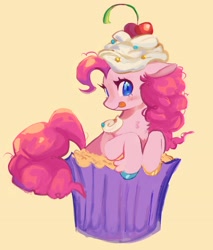 Size: 2340x2752 | Tagged: safe, artist:kuzoux, pinkie pie, earth pony, pony, g4, :p, cupcake, female, food, mare, simple background, solo, tongue out, yellow background