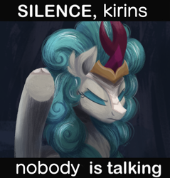 Size: 1180x1234 | Tagged: safe, artist:candy meow, rain shine, kirin, g4, my little pony: friendship is magic, sounds of silence, chest fluff, cloven hooves, ear fluff, eyes closed, female, kingdom of heaven, meme, ponified, ponified meme, raised hoof, solo, text