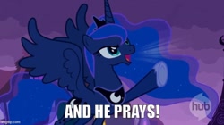 Size: 666x374 | Tagged: safe, edit, edited screencap, screencap, princess luna, alicorn, pony, g4, luna eclipsed, season 2, caption, fabulous secret powers, female, he-man, heyyeyaaeyaaaeyaeyaa, hub logo, image macro, imgflip, logo, mare, song reference, text, the hub