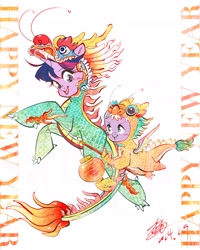 Size: 2008x2504 | Tagged: safe, artist:tina1804, spike, twilight sparkle, chinese dragon, dragon, pony, unicorn, g4, blushing, cute, dragon costume, duo, duo male and female, female, happy new year, holiday, horn, lantern, male, mare, open mouth, paper lantern, simple background, smiling, spikabetes, text, twiabetes, white background, winged spike, wings, year of the dragon