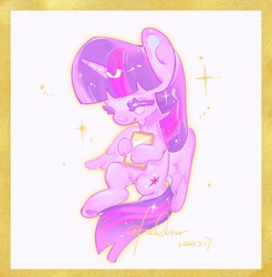 Size: 1318x1341 | Tagged: safe, artist:hc-yhccz, twilight sparkle, alicorn, pony, g4, eyes closed, female, mare, passepartout, smiling, sparkles, text, twilight sparkle (alicorn)