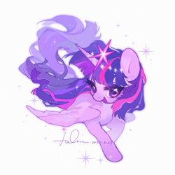 Size: 2048x2048 | Tagged: safe, artist:hc-yhccz, artist:hc923__free, twilight sparkle, alicorn, pony, g4, cute, female, long mane, mare, open mouth, signature, simple background, smiling, solo, sparkles, spread wings, text, twilight sparkle (alicorn), white background, wings