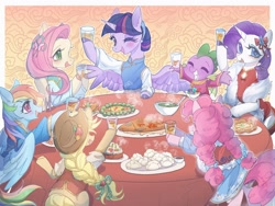 Size: 2160x1620 | Tagged: safe, artist:weixin635, applejack, fluttershy, pinkie pie, rainbow dash, rarity, spike, twilight sparkle, alicorn, dragon, earth pony, fish, pegasus, pony, unicorn, g4, abstract background, blushing, bowl, braid, cake, cheongsam, chinese dress, clothes, cute, dashabetes, diapinkes, dress, dumplings, eyes closed, female, food, fur trim, glass, grin, hoof hold, horn, jackabetes, jacket, mane seven, mane six, mare, one eye closed, open mouth, passepartout, plate, raribetes, shyabetes, smiling, spikabetes, spread wings, table, twiabetes, twilight sparkle (alicorn), winged spike, wings