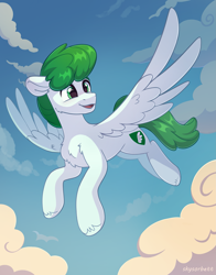 Size: 2043x2604 | Tagged: safe, artist:skysorbett, oc, oc only, oc:mintfeather, pegasus, pony, cloud, flying, male, pegasus oc, sky, solo, spread wings, stallion, wings