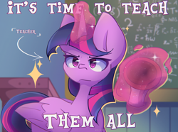 Size: 2250x1677 | Tagged: safe, artist:miryelis, twilight sparkle, alicorn, pony, g4, top bolt, airhorn, big ears, chalkboard, female, magic, mare, serious, solo, sparkles, teacher, telekinesis, text, this will end in deafness, twilight sparkle (alicorn)