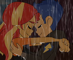 Size: 2561x2100 | Tagged: safe, artist:aokushan, flash sentry, sunset shimmer, equestria girls, g4, duo, duo male and female, female, hug, male, rain, ship:flashimmer, shipping, straight, the owl house