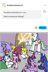 Size: 915x1362 | Tagged: safe, artist:ask-luciavampire, princess cadance, princess celestia, princess luna, shining armor, spike, twilight sparkle, oc, oc:maria, alicorn, pony, undead, vampire, vampony, g4, ask, tumblr, tumblr:ask-theroyals-diaries, twilight sparkle (alicorn)