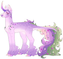 Size: 3206x3000 | Tagged: safe, artist:sleepy-nova, oc, oc only, oc:heather, classical unicorn, pony, unicorn, blaze (coat marking), chest fluff, cloven hooves, coat markings, colored belly, colored eyebrows, colored hooves, colored horn, colored pinnae, commission, crystal horn, curved horn, ear fluff, ear piercing, earring, facial markings, flower, flower in tail, gradient hooves, green eyes, high res, hooves, horn, jewelry, lacrimal caruncle, lavender coat, leaves in tail, leonine tail, long tail, looking back, multicolored tail, no pupils, nose piercing, pale belly, piercing, profile, purple coat, purple hooves, shaved, shaved head, simple background, snip (coat marking), solo, spots, standing, tail, tail fluff, tail markings, tall ears, transparent background, unshorn fetlocks, wall of tags, white belly