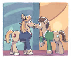 Size: 2390x1970 | Tagged: safe, artist:bkiltersot, doctor whooves, jeff letrotski, time turner, earth pony, pony, g4, abstract background, blonde mane, blushing, boop, brown mane, clothes, doctorjeff, duo, duo male, implied gay, male, noseboop, passepartout, shipping, smiling, stallion, suit, unshorn fetlocks