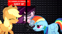 Size: 1536x862 | Tagged: safe, artist:jhayarr23, artist:oblivionfall, applejack, rainbow dash, oc, oc:magpie, earth pony, pegasus, pony, g4, female, looking at you, mare, microphone, one eye closed, recording studio, shut up, wink, winking at you