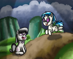 Size: 3000x2400 | Tagged: safe, artist:saburodaimando, dj pon-3, octavia melody, vinyl scratch, earth pony, pony, unicorn, g4, bowtie, duo, duo female, female, filly, filly octavia, filly vinyl scratch, foal, horn, mists of pandaria, necktie, open mouth, open smile, outdoors, pandaria, running, sitting, smiling, warcraft, world of warcraft, younger