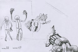 Size: 1224x823 | Tagged: safe, artist:adeptus-monitus, princess flurry heart, alicorn, headcrab, pony, zombie, g4, first person view, gravity gun, half-life, headcrab zombie, hud, knife, monochrome, mouth hold, offscreen character, pov, traditional art