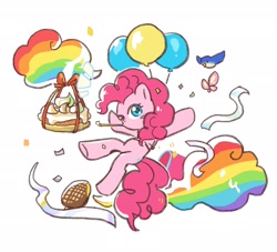 Size: 2074x1885 | Tagged: safe, artist:高纯度灰, pinkie pie, bird, earth pony, pony, g4, balloon, female, food, mare, one eye closed, party horn, pastry, simple background, solo, white background