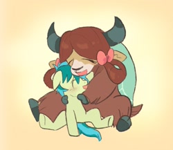 Size: 1773x1538 | Tagged: safe, artist:高纯度灰, sandbar, yona, earth pony, pony, yak, g4, cloven hooves, cute, duo, duo male and female, eyes closed, female, gradient background, hug, hug from behind, larger female, male, open mouth, sandabetes, ship:yonabar, shipping, simple background, sitting, size difference, smaller male, smiling, stallion, straight, yonadorable