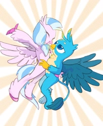 Size: 2007x2465 | Tagged: safe, artist:高纯度灰, gallus, silverstream, griffon, hippogriff, g4, blushing, duo, duo male and female, female, hug, male, patterned background, ship:gallstream, shipping, smiling, straight, sunburst background