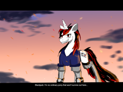 Size: 1236x927 | Tagged: safe, artist:michellethet-34, oc, oc:blackjack, fallout equestria, fallout equestria: project horizons, clothes, cloud, fake screencap, fake screenshot, female, level 1 (project horizons), mare, smiling, solo, text