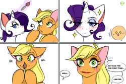 Size: 2560x1707 | Tagged: safe, artist:namelessplaza, applejack, rarity, earth pony, pony, unicorn, g4, ..., 4 panel comic, blushing, brush, comic, comic page, duo, eye clipping through hair, female, horn, magic, makeup, mare, meme, simple background, speech bubble, there was an attempt, white background