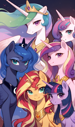 Size: 1664x2816 | Tagged: safe, ai assisted, ai content, artist:truekry, generator:tponynai3, princess cadance, princess celestia, princess flurry heart, princess luna, sunset shimmer, twilight sparkle, alicorn, pony, g4, alicorn pentarchy, alicornified, crown, female, group photo, jewelry, looking at you, older, older flurry heart, phone wallpaper, race swap, regalia, shimmercorn, twilight sparkle (alicorn)