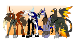 Size: 1649x927 | Tagged: safe, artist:michellethet-34, oc, oc:echo, oc:hazel shade, oc:sundown, alicorn, earth pony, griffon, pony, unicorn, fallout equestria, alicorn oc, earth pony oc, grin, group, horn, passepartout, smiling, unicorn oc, wings