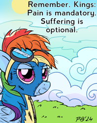 Size: 2086x2642 | Tagged: safe, artist:pony-berserker, rainbow dash, pegasus, pony, g4, beaten up, clothes, cloud, dalai lama, goggles, goggles on head, motivational, motivational poster, quote, smiling, solo, sun, uniform, wonderbolts, wonderbolts uniform